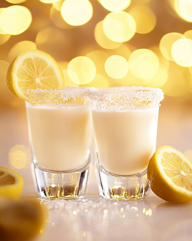 Wedding Cake Shooter in a sugar-rimmed glass with lemon wedge garnish