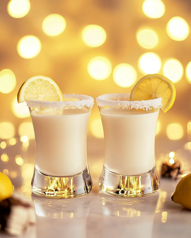 Wedding Cake Shooter in a sugar-rimmed glass with lemon wedge garnish