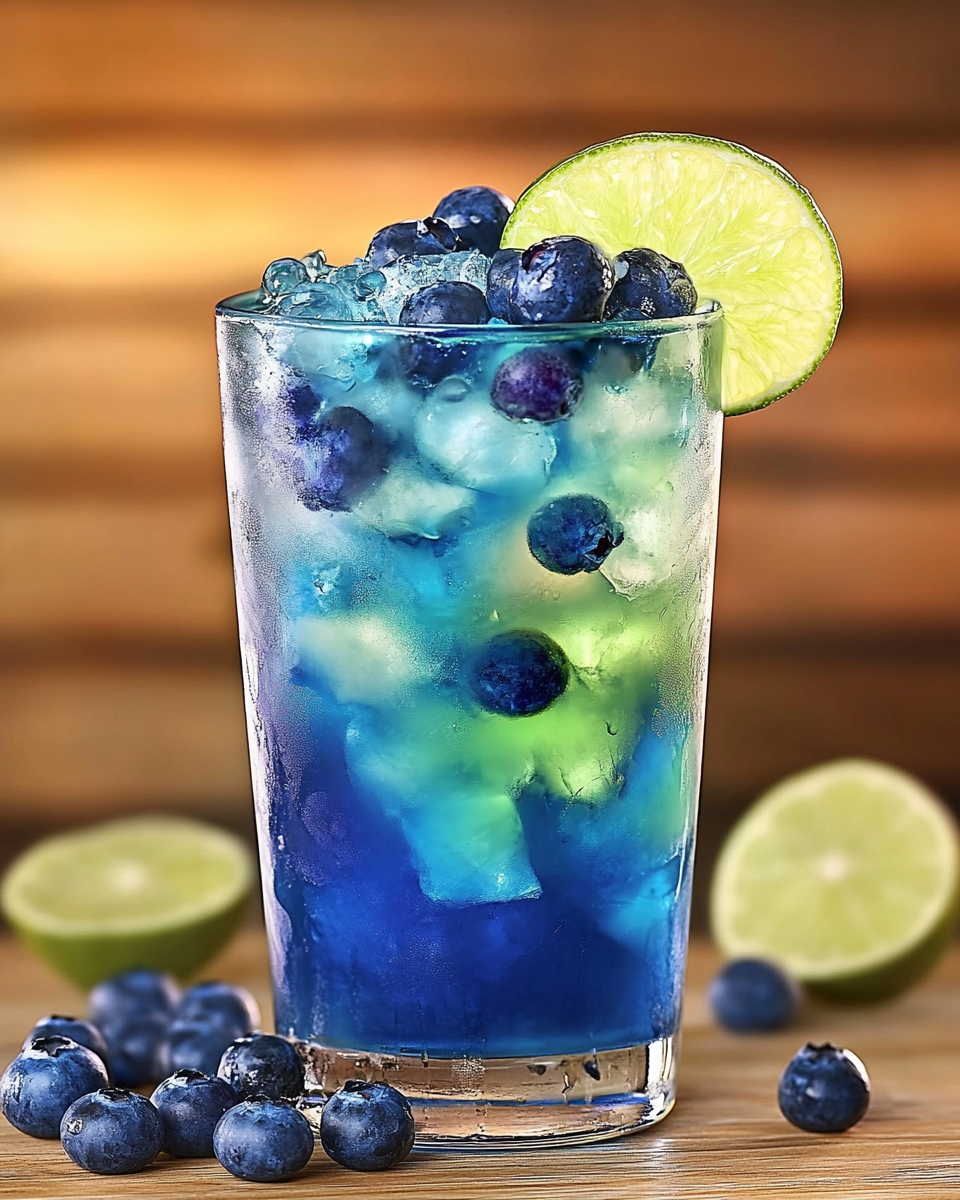 Funky Cold Medina is a bold, fruity cocktail with blue and red layers, garnished with kiwi