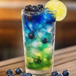 Funky Cold Medina is a bold, fruity cocktail with blue and red layers, garnished with kiwi
