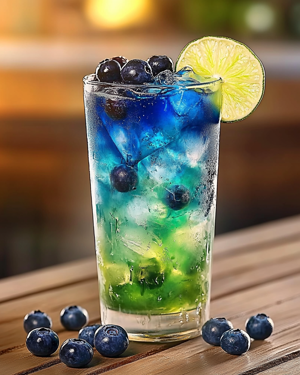 Funky Cold Medina is a bold, fruity cocktail with blue and red layers, garnished with kiwi